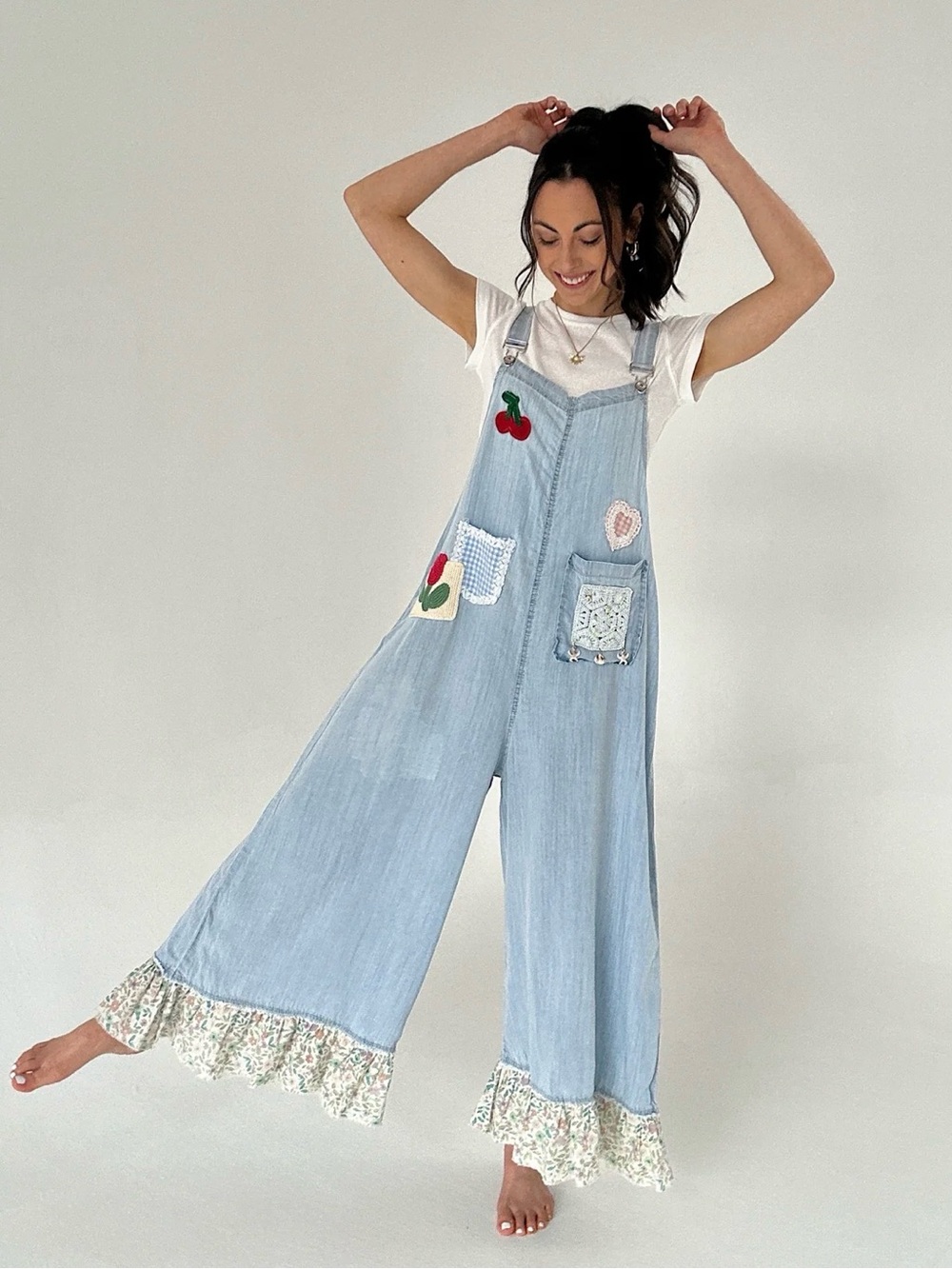 POL Light Blue Patchwork Wide-Leg Denim Overalls